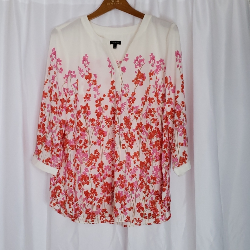 Talbots floral 3/4 sleeve red, pink and cream top